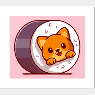 Cute Cat Sushi Cartoon Illustration Posters and Art